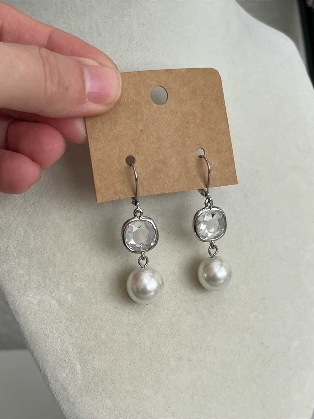 Faux Pearl and Crystal Drop Silver Tone Earrings